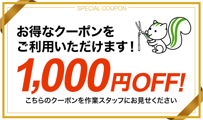 お得なクーポンをご利用いただけます！1,000円OFF！こちらのクーポンを作業スタッフにお見せください
